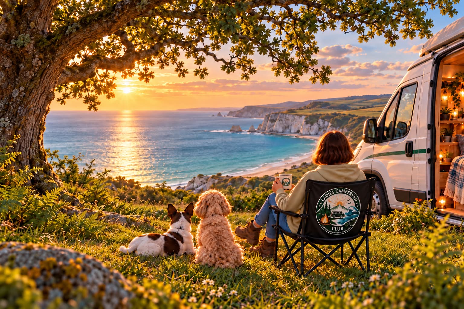 A woman relaxing beside her campervan with two dogs, overlooking the coast at sunset.